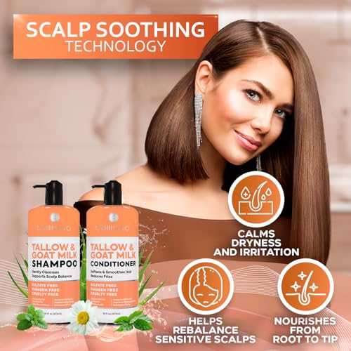 Beef Tallow Shampoo and Conditioner Set with Goat Milk - Sulfate Free Moisture for Women and Men - For Dry, Itchy Scalp - Hydrating, Thickening, Volume Care for Thinning Hair - 16.9 Fl Oz (Pack of 2)