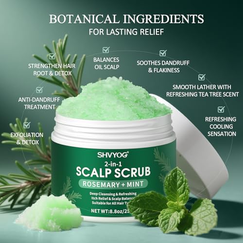 SHVYOG Scalp & Body Scrub, Rosemary Exfoliator Scrub Shampoo with Peppermint & Sea Salt, Anti-Dandruff Detox Clarifying Exfoliator for Build Up, Itchy Scalp, Oily & Dry Hair with Scalp Massager