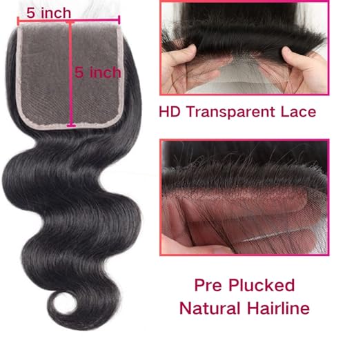 5x5 Hd Lace Closure Human Hair Hd Closure Body Wave Closure 12A Virgin Remy Human Hair for Black Women 5x5 Transparent Lace Frontal Closures Pre Plucked Natural Black 12 Inch