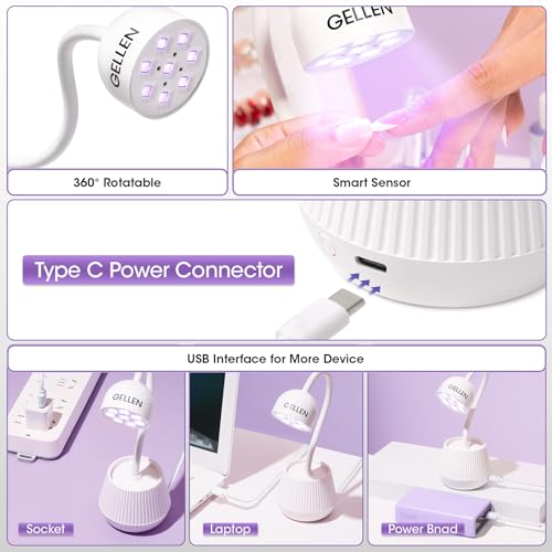Gellen Gooseneck U V Lamp for Gel Nails, Rechargeable Flash Cure Lamp, 365+405nm 24W Nail UV Light, Smart Sensor Cordless Mini U V Light for Nail Art