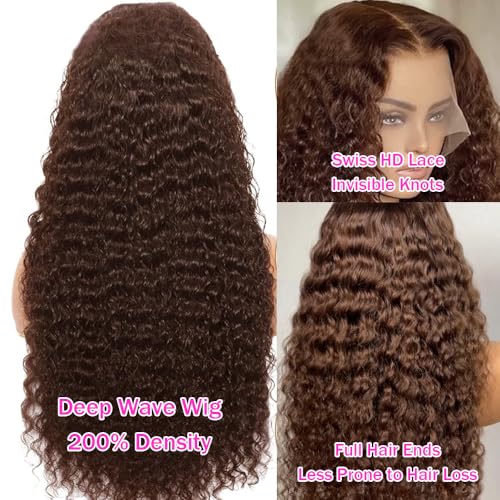 30Inch Chocolate Brown Deep Wave Lace Front Wigs Human Hair 200 Density 13x6 HD Lace Frontal Wigs Curly Human Hair Wig For Women Pre Plucked with Natural Hairline 4# Brown Color