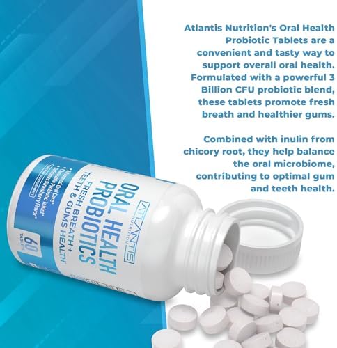 Atlantis Nutrition Oral Probiotics Chewable Tablet - Dental Probiotic for Gum Care & Teeth Care - Bad Breath Treatment for Adults - 3 Billion CFU Probiotic Blend - Strawberry Flavor - 60 Tablets