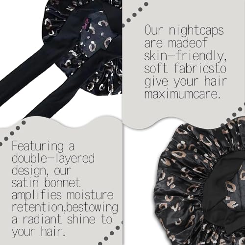 Silk Bonnet Satin Hair Bonnet With Tie Band for Sleeping Large Bonnets Hair Wrap with Adjustable Straps Hair Shower Cap for Women Curly Braid Hair Black Leopard Print