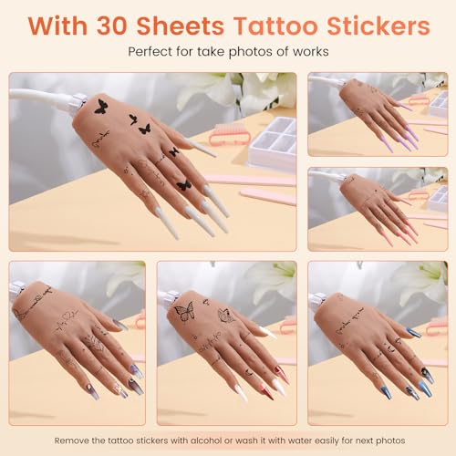 Practice Hand for Acrylic Nails: Realistic Silicone Nail Hand Practice with Tattoo Stickers - Flexible Fake Hand Mannequin Nail Hand Kit for Beginners
