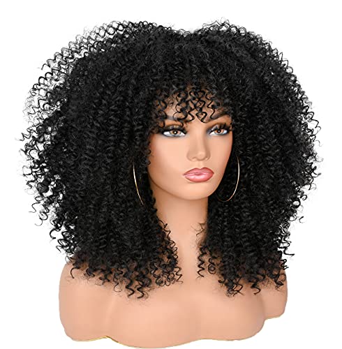 ANNISOUL 16Inch Curly Wigs for Black Women Black Afro Bomb Curly Wig with Bangs Synthetic Fiber Glueless Long Kinky Curly Hair