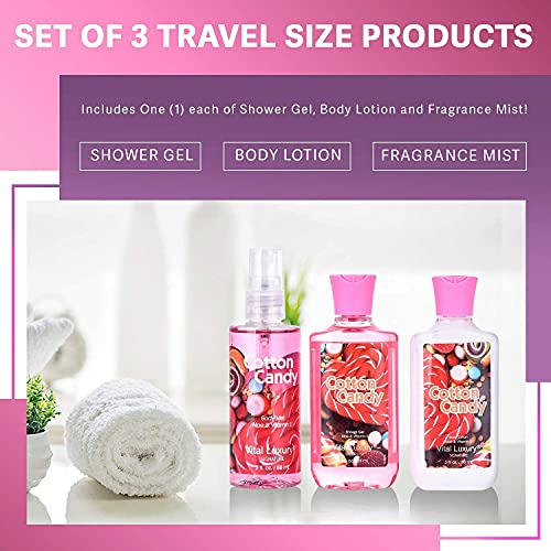 Bath and Body Gift Set - Cotton Candy Scented 3-Piece Travel Size Collection-3 Fl Oz , Shower Gel, Body Lotion, Body Mist, Compact & Lightweight, Ideal for Gifts, Travel, or Daily Skincare Routine