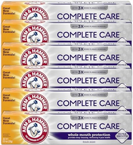 ARM & HAMMER Toothpaste Complete Care Whole Mouth Protection, 6 Pack, Fresh Mint, Anticavity Fluoride Toothpaste with Baking Soda, Whitening Enamel Strengthening Paste, Travel Size 0.9 Oz