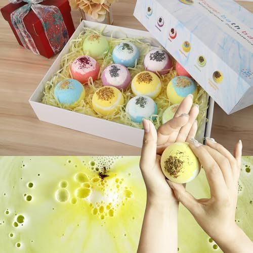 Bath Bombs for Women, USIN Natural Bubble Bath Balls Gift Set, Pack of 12 Pcs Multiple Bath Bomb, SPA Relaxing, Self Care, Gifts for Women, Men, Girls, Boys, Natural Flower Petals, 3.53 Oz Large Size