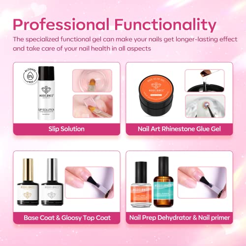 Modelones Poly Nail Gel Kit 8 Rosy Pink Colors with 48W U V/LED Lamp Poly Extension Gel Complete Nail Art Tools Professional Starter Manicure Kit Supplies Rhinestone Glitters Beauty Gift DIY at Home