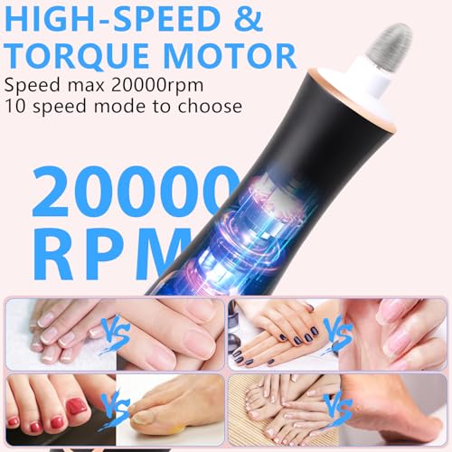 Professional Manicure Pedicure Kit, Cordless Electric Nail File Set, 360° LED Light Nail Drill Machine with LCD Display, 10 Speeds Rechargeable Nail Drill for Gel Nail Thick Toe Nails Christmas Gifts