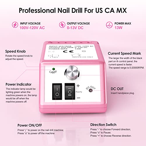 Professional Nail Drill Machine 20000 RPM Efile Electric Nail Filer Kit for Finger Toe Nails, Acrylic Gel Nails, Manicure Pedicure Drill with 6Pcs Nail Bits, 106Pcs Sanding Bands - Pink