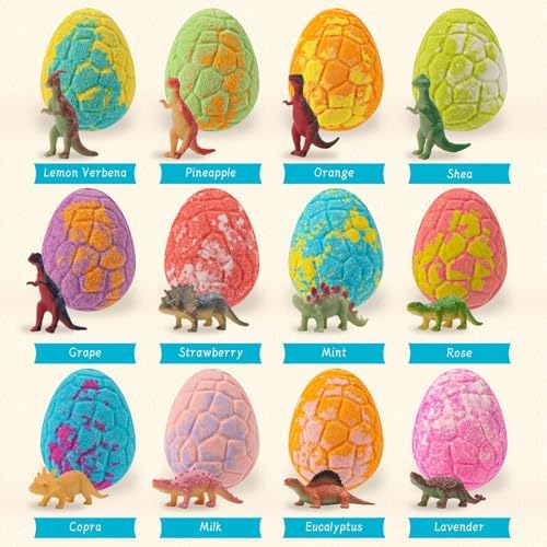 Bath Bombs for Kids with Surprise Toys Inside - 12 Pack Organic Dinosaur Bath Bombs Easter Eggs Gifts, Dinosaur Toys for Kids 3 4 5 6 7 8 9 Years, Dino Egg Bath Bomb for Girls and Boys