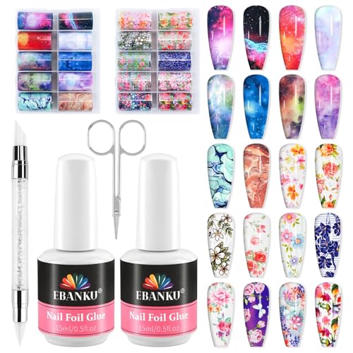 EBANKU Nail Foil Glue Gel, 20 Pcs Nail Art Foil with 30ML Nail Glue, Starry Sky Flower Stickers Transfer Foils Gels Polish Set for Art Salon or Home Use, No Nail Lamp Required