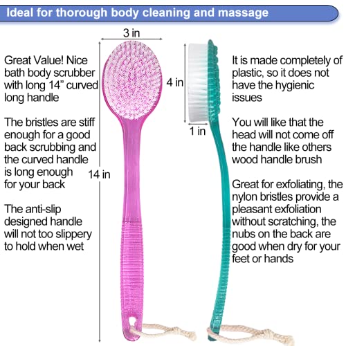 Back Brush for Shower, 14-inch Long Handle Medium Stiff Bristles Bath Scrubber for Men Women Body Exfoliating and Brushing - 2 Packs Pink+Blue