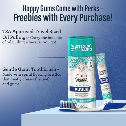 GuruNanda Gum Hygiene Makeover Kit with Ashwagandha & Cocomint (Travel Size) Oil Pulling, Neem Toothpaste, Breath Harmonizer Mouthwash, 2-in-1 Floss Picks & Whitening Toothbrushes