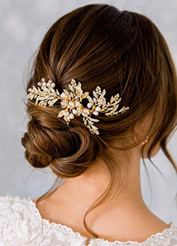 SWEETV Handmade Wedding Hair Comb Clip Rhinestone Bridal Hair Comb Piece, Gold Hair Accessories for Brides Wedding