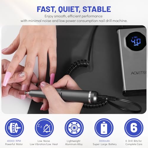 Aokitec Nail Drill 400000 RPM - Rechargeable Electric Nail File with Nail Drill Bits for Dip Powder Acrylic Nails Gel Polish, Manicure Pedicure Nail Art Tool for Prep&Removal, Nail Tech Must Haves