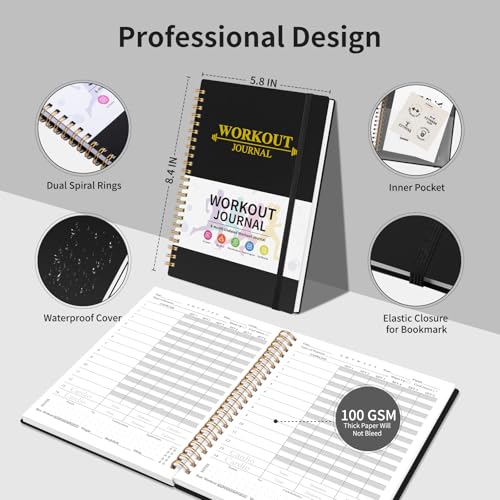 Fitness Workout Journal for Women & Men, A5 Hardcover Workout Log Book & Gym Exercise Planner With Progress Tracker, Goals, Calendar, 5.8" x 8.4" - Black
