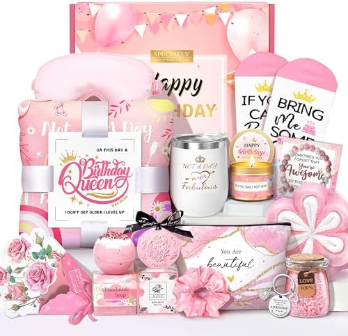 Birthday Gifts for Women, Happy Birthday Gifts Basket for Women Self Care Gift Get Well Soon Gifts, Rose Relaxing Spa Gift Basket with Beach Towel, Woman Birthday Gift for Sister Coworker Her Bestie