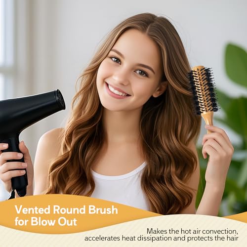 BFWood Round Brush for Blow Out, 1.2 Inch Natural Wooden Boar Bristle Hair Brush for Blow Drying, Curling, Styling & Volume