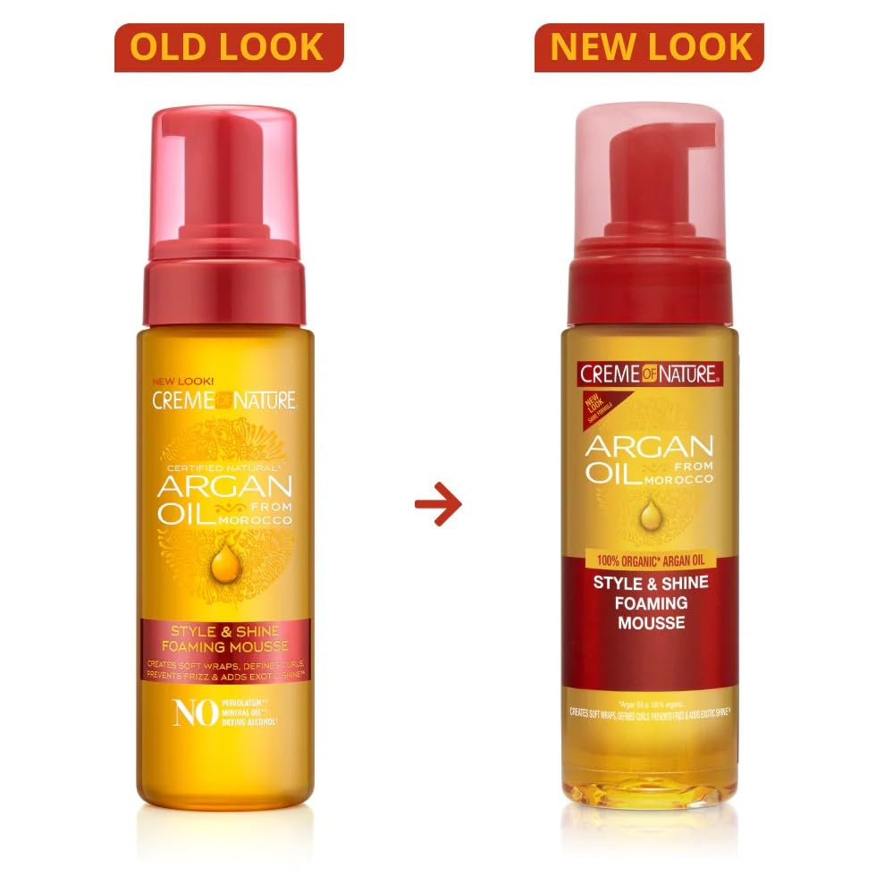 Creme of Nature Argan Oil Foaming Mousse, Style & Shine, Creates Soft Wraps, Defines Curls, Prevents Frizz & Adds Exotic Shine, 7 Fl Oz