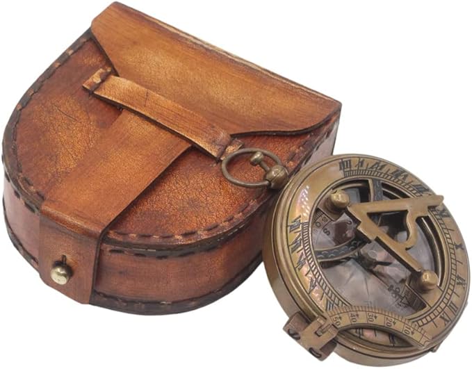 RII Antique Nautical Directional Magnetic Sundial Brass Compass, Antique Decor Birthday Gifts for Men, Astrolabe Gift for Him, Baptism Gifts with Engraved Quotes, Sun dial in Leather Case