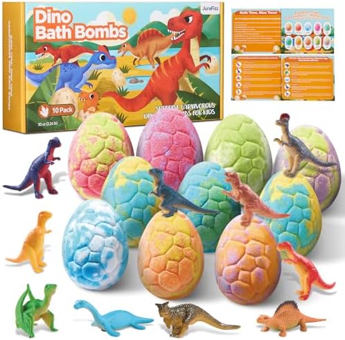 Dinosaur Bath Bombs for Kids with Surprise Inside, 10 Pack Natural Dino Eggs with Exclusive Carnivorous Dinosaur Toys, Fizzing Fun Gifts for Boys Girls, Dinosaur Toys for Kids Ages 3-9