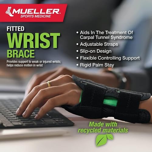 MUELLER Sports Medicine Green Fitted Wrist Brace, Wrist Pain Relief Support for Men and Women, Ideal for Carpal Tunnel, Tendinitis, Arthritis, Left Hand, Black, Small/Medium