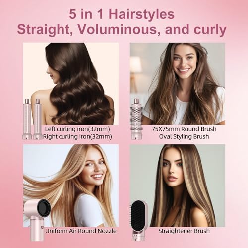 5 in 1 Hot Air Brush - Blow Dryer Brush & Air Curling Wrap Styler with Negative Ion Technology, Hair Dryer Brush for Drying, Curling, Straightening & Styling, Professional Hair Styling Tools