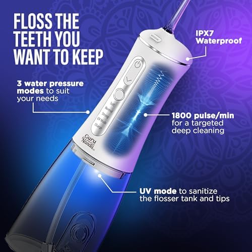 GuruNanda Gums of Steel Kit – Advanced Dental Water Flosser (UV Mode), Concentrated Mouthwash, Cocomint Pulling Oil, Butter on Gums Toothbrush & Tongue Scraper for Happy Gums