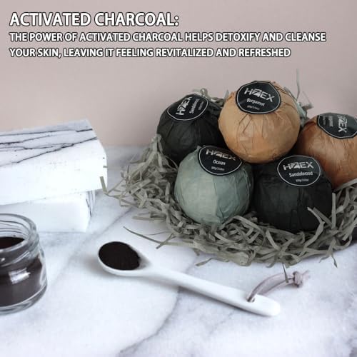 Bath Bombs, HZEX 6 Large Natural Luxury Charcoal Bathbomb Fizzes for Men Women, Organic Bath Bomb with Essential Oils and Shea Butter, Stress Relief and Relaxation, Detox with Charcoal Bathbombs