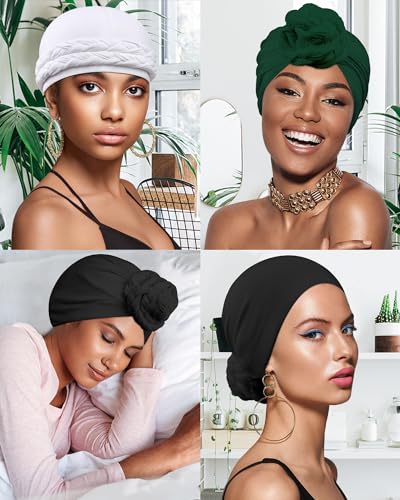 Babalet Halo Turban for Men Women Satin Lined Durag Skull Cap Pre-Tied Handmade Braids Tail Beanie Sleeping Bonnet,Black/White,2PCS