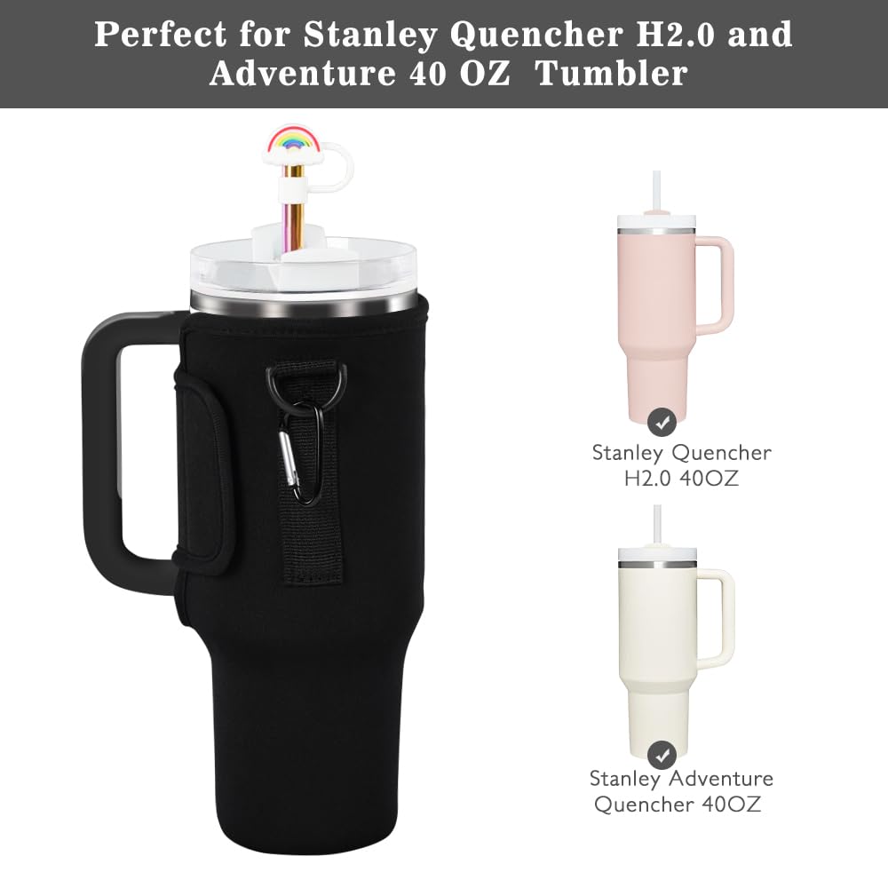 3 in 1 Water Bottle Carrier Bag with Pouch Pocket fits Stanley 40 oz Tumbler, Water Bottle Holder with Strap for Stanley Cup Accessories with Stainless Steel Straws, Straw Cover, Spill Proof Stoppers