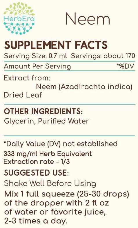 Neem B120 Alcohol-Free Herbal Extract Tincture, (Azadirachta Indica) Dried Leaf (4 fl oz)