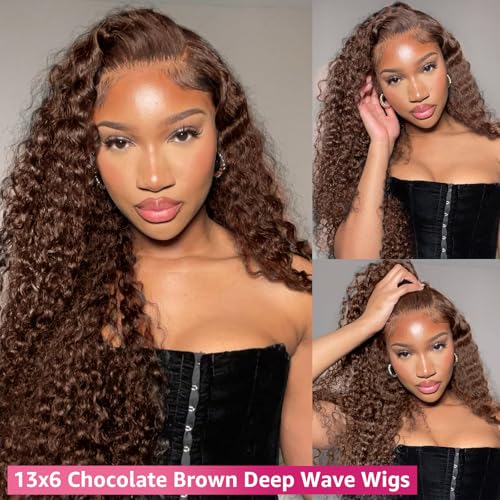 30 Inch Chocolate Brown Deep Wave Lace Front Wigs Human Hair 200 Density 13x6 HD Lace Frontal Wigs Curly Human Hair Brown Glueless Wig For Women Pre Plucked with Natural Hairline