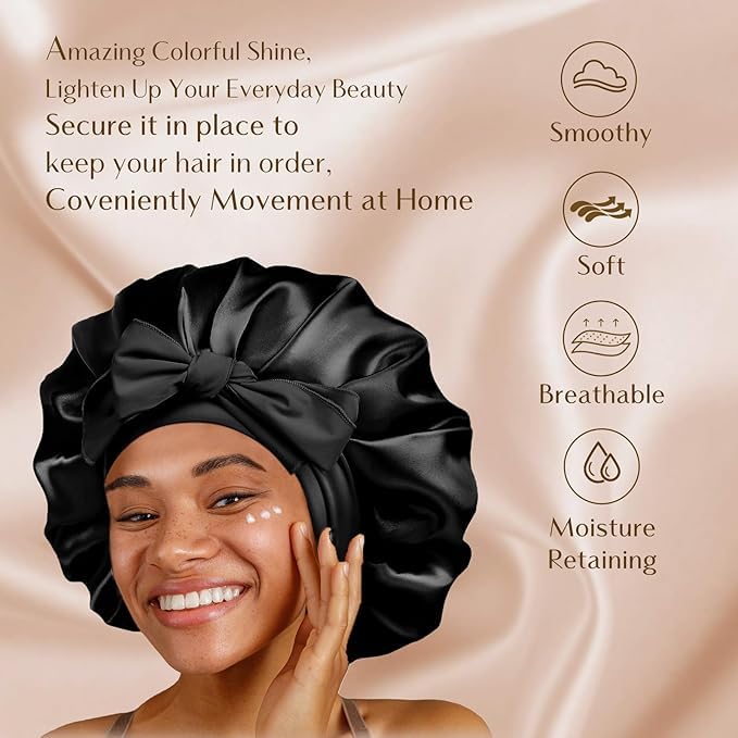 Silk Sleeping Bonnet for Women | Double Layer Satin Lined | Curly Hair, Black