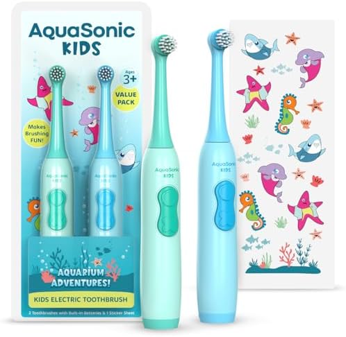 Aquasonic Kids Electric Toothbrush Set for Ages 3+ | Soft Bristles, Oscillating Brush Head, Built-in Battery | Aquarium Adventures