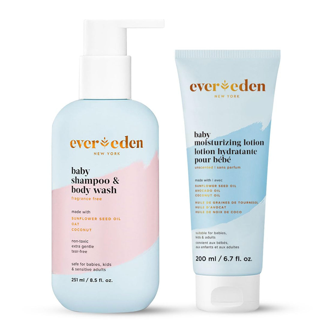 Evereden Baby Bathtime DUO: Baby Lotion for Newborn and 2-in-1 Newborn Shampoo and Body Wash Set - Soothing, Cleansing, & Hydrating Baby Shampoo and Lotion