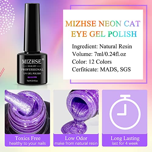 MIZHSE Neon Cat Eye Gel Nail Polish Set 12Pcs, Cateye Blue Green Purple Soak Off Gel Polish Magnetic Manicure Kit for Nail Art Salon 7ml