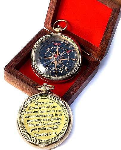 Trust in The Lord with All Your Heart -Proverbs 3: 5-6 Quote Engraved Compass with Wooden Box, Camping Compass, Gift Compass, Gifts for Men -Graduation Gifts 2024 Compass for Women Mens Boy Girls
