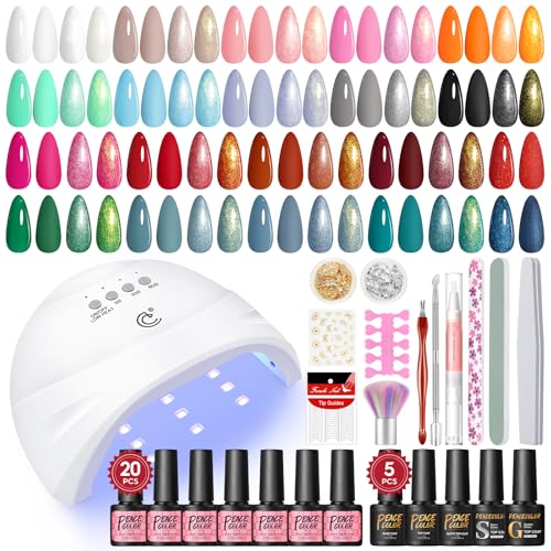 PEACECOLOR 38PCS Gel Nail Polish Kit with U V Light 20 Colors White Nude Pink Brown Green Red Gray Gel Manicure Starter Set Base Glossy/Matte/Glitter Top Coat All Season Home Salon