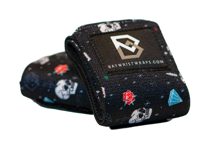 Bay Wrist Wraps Weightlifting Workout Wrist Brace - Adjustable, One Size Fits All - Comfort Wrist Wraps for Weightlifting with Thumb Loop, Lifting Wrist Straps in Skull and Roses - 18-inch Wrist Wrap
