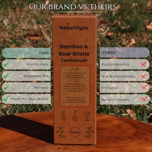 Boar Bristle & Bamboo Toothbrush (4 Pack) - Authentic Boar Bristles - Biodegradable - Plastic Free - Bamboo & Boar Bristle