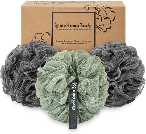myHomeBody Large 70g Loofah Sponge, Bath Body Scrubber for Women, Men, Exfoliating Shower Pouf with Activated Charcoal - 2 Graphite Gray + 1 Sage Green, 3 Pack