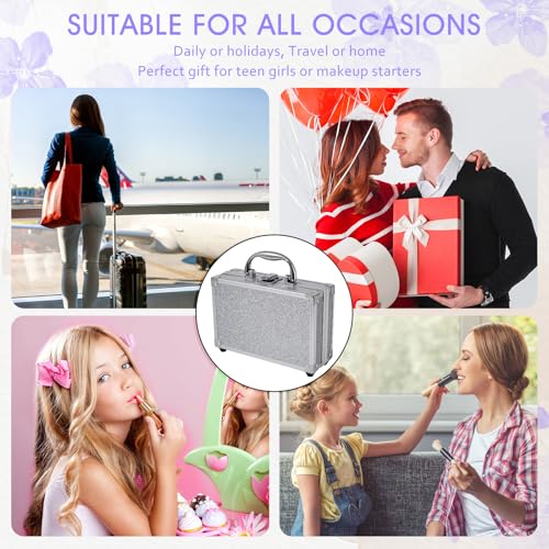 Makeup Kit for Teenager & Women Full Kit, All in One Makeup Set With The Small Cosmetic Train Case, Professional Makeup Kit, Makeup Gift Set for Women Girls (silver)