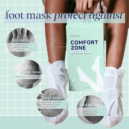 SpaLife Beauty Comfort Zone Soothing Foot Masks – Hydrating and Moisturizing Foot Socks – Hydrating Foot Mask – Soothes Rough, Cracked, Dry Feet with Tea Tree Oil – Shea Butter – Peppermint – 8 Pack