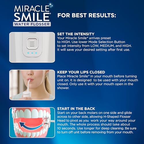 Ontel Miracle Smile Water Flosser for Teeth&Gum Health, Unique H-Shaped Flossing Head&4 Water Jets, Cordless Water Flosser Features 360° Cleaning&3 Pressure Modes, USB Rechargeable Dental Floss, White