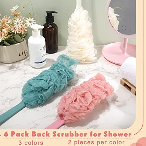 6 Pieces Back Scrubber for Shower, Long Handle Loofah Sponge Brush, Loofah on a Stick for Men Women Elderly, 17 Inch Soft Nylon Mesh Bath Body Brush Exfoliating Bathing Accessories, 3 Colors