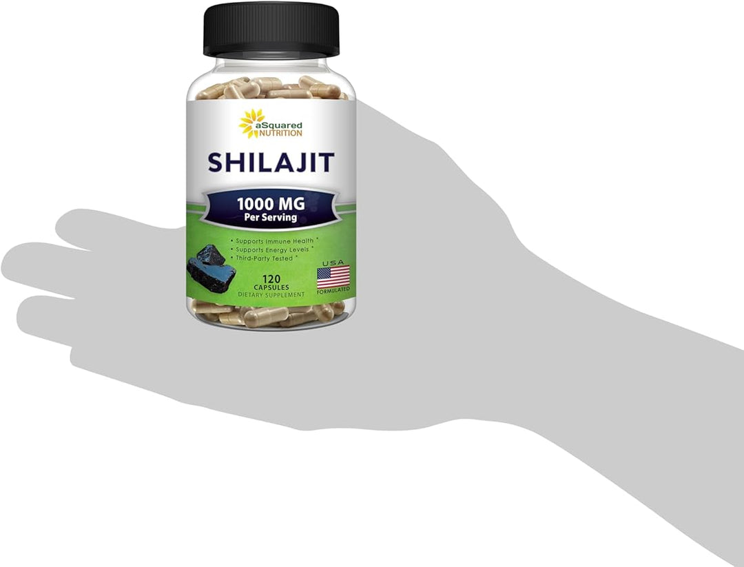aSquared Nutrition Shilajit 1000mg - 120 Capsules - Pure Shilajit Extract Supplement and Powder Complex Pills - Natural Humic & Fulvic Acid & Trace Minerals - Alternative to Resin & Drops