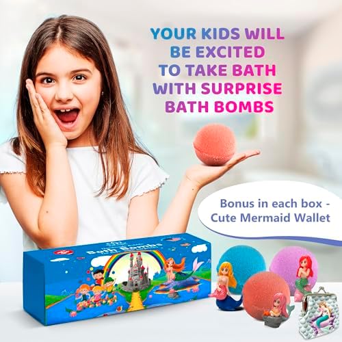 3 Bath Bombs for Kids with Mermaid Toys Inside + Bonus Wallet for Kids - Cool Surprise for Girls, Boys, Teens - Handmade in USA